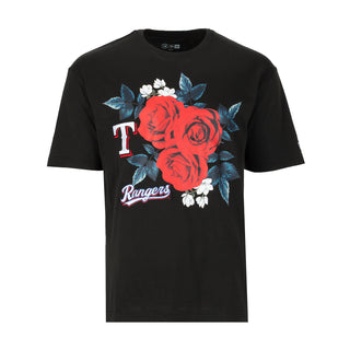 Men's black embroidered tee with red rose, blue leaves, white flowers, Rangers logo.