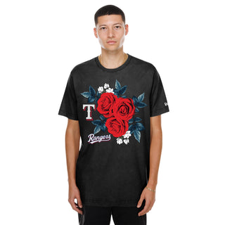 Men's black crewneck embroidered tee with red rose, blue leaf floral, Rangers logo.