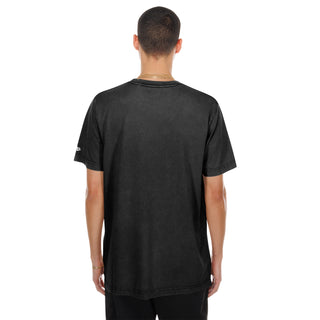 Men's black embroidered tee, back view; small left-sleeve logo patch and crewneck.