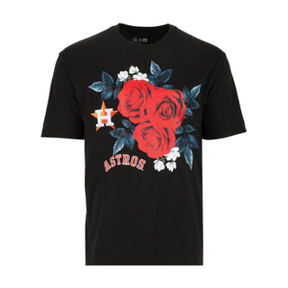 Men's black embroidered tee with red rose, blue leaves, and team logo on chest