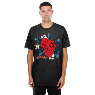 Men's black embroidered tee, front view: red roses and team logo graphic on chest