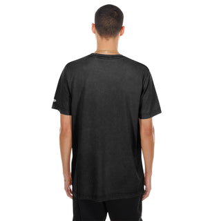 Men's black embroidered tee, back view with small sleeve logo detail