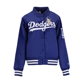 Royal blue womens varsity jacket with snap buttons, Dodgers front logo, striped rib trim