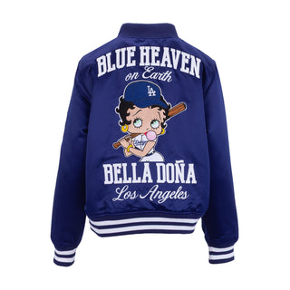 Royal blue satin varsity jacket back with "Blue Heaven on Earth" and cartoon "Bella Dona"
