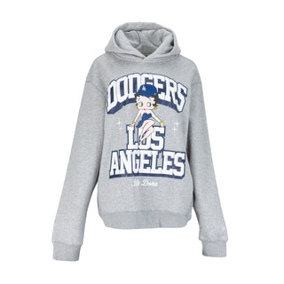 Heather grey unisex hoodie with large front Dodgers Los Angeles graphic and hood