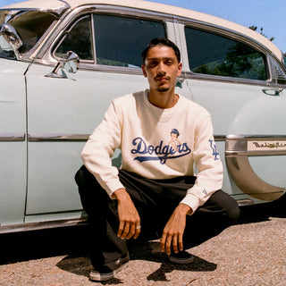 Unisex cream crewneck sweatshirt, Dodgers front graphic with sleeve logo