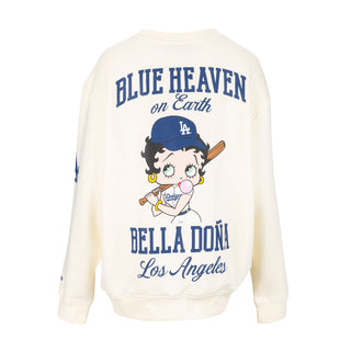 Unisex cream crewneck sweatshirt back with 'BLUE HEAVEN' and 'BELLA DONA' graphics