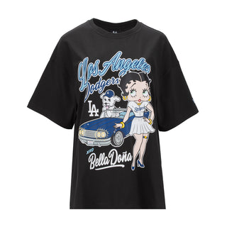 Black women's crewneck T-shirt with Dodgers cartoon graphic and Bella Donna text