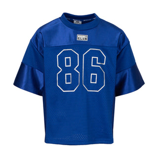 Youth royal blue football jersey with front 86 graphic and club patch