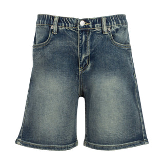 Youth dark stone denim shorts, zip fly, button closure, belt loops, cuffed hem