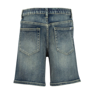 Youth dark stone denim shorts with two front pockets, stitched waistband, cuffed hem