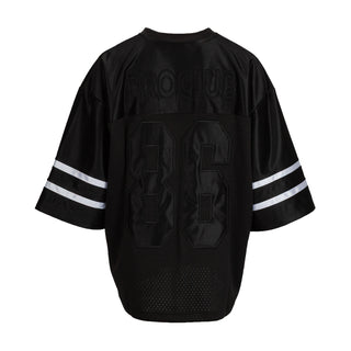 Black oversized women's football jersey back with large 83 graphic and sleeve stripes