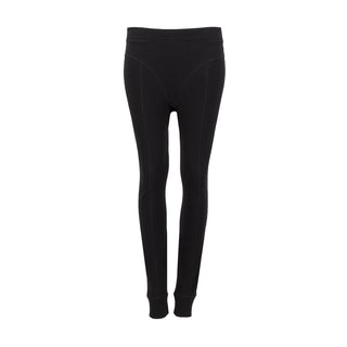 Women's black ribbed leggings with wide elastic waistband, full-length front
