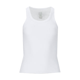 Women's white ribbed tank top, scoop neckline, sleeveless