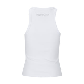 Women's white ribbed tank top, scoop back neckline, sleeveless with logo