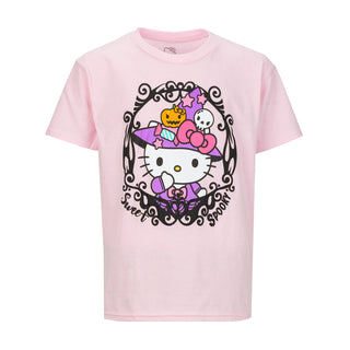 Light pink youth T-shirt with Hello Kitty witch graphic at the chest