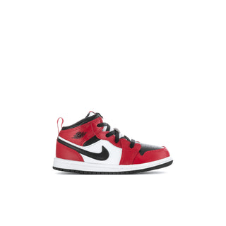 Toddler mid-top sneakers in black, white, and red with black swoosh and lace-up front