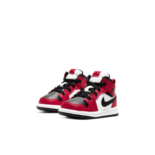 Toddler mid-top sneakers, red and black with white panels and black Nike-style swoosh