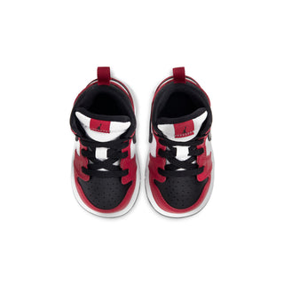 Toddler mid-top sneakers showing interior lining and lace area in black, red, and white