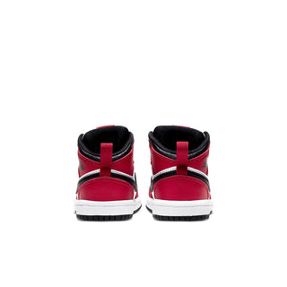 Toddler mid-top sneakers heel view in red and black with white midsole and stitching