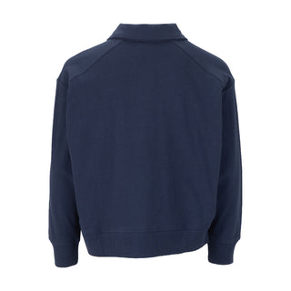 Youth navy long-sleeve polo back view with ribbed cuffs and straight hem