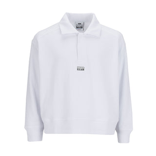 Youth white long-sleeve polo shirt with button placket and collar