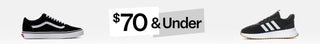 Two pairs of black sneakers with white accents on a white background, accompanied by text indicating price range.