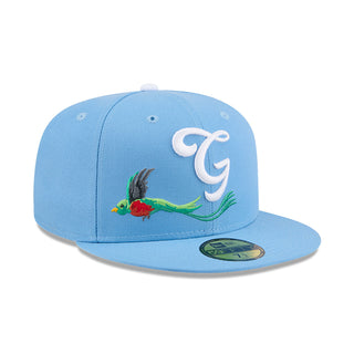 Light blue baseball cap with white logo on front and colorful side graphic