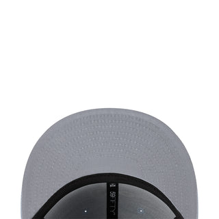 Gray baseball cap with black brim lining and small size tag