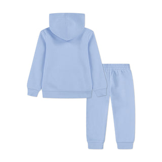 Toddler fleece hoodie and jogger set, light blue back view with hood and elastic cuffs