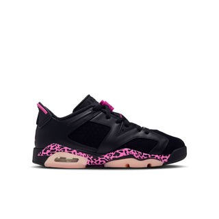 Black youth low-top sneakers with pink laces, leopard trim, and Air-cushion sole