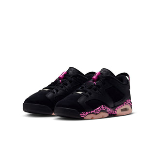 Black youth low-top sneakers, side view, with pink laces, leopard print accents