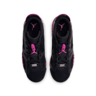 Black youth low-top sneakers, top view with pink Jumpman logos on tongue and sides
