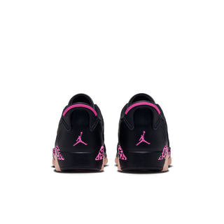 Black youth low-top sneakers, heel view with pink Jumpman logos and leopard trim