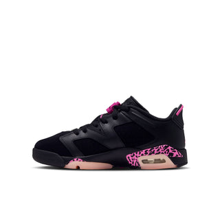 Black youth low-top sneakers with leopard-pattern midsole and pink Air window detail