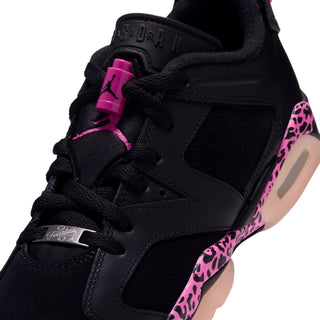 Black youth sneaker close-up with pink lace lock, Jumpman logo, and leopard side trim