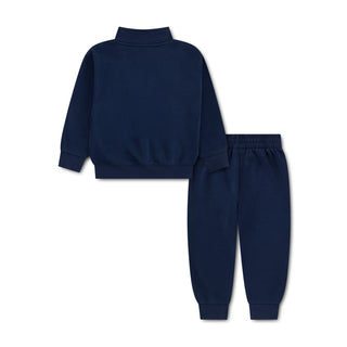 Back view of toddler navy fleece set with quarter-zip sweatshirt and joggers