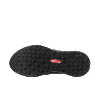Black wide women's sneaker outsole with grid tread pattern and logo badge