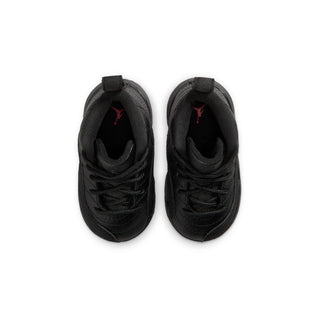 Black toddler high-top sneakers with padded collar, lace-up, and red lining inside