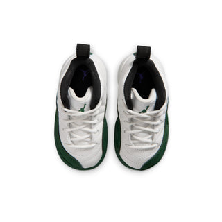 Toddler high-top sneakers with white uppers, green toe trim, and black inner lining