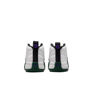 Toddler high-top sneakers with white back panels, green soles, and purple heel tag
