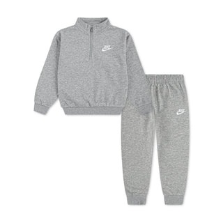 Kids' fleece set in heather gray, with quarter-zip pullover and matching jogger pants, Nike logos.