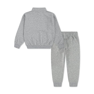 Back of a kids' heather gray fleece set, with pullover and matching jogger pants.