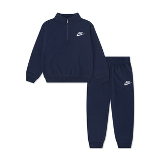 Kids' navy fleece set with quarter-zip sweatshirt and joggers, featuring white Nike logos