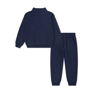 Back of kids' navy fleece set with quarter-zip sweatshirt and joggers