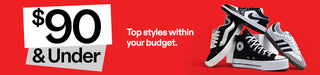 Black and white sneakers with a red background and text about budget-friendly styles.
