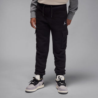 Youth black fleece cargo pants with drawstring waist, cargo pockets, and Jumpman logo