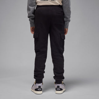 Youth black fleece cargo pants back view with cargo pockets and elastic cuff