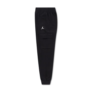 Youth black fleece cargo pants flat lay with cargo pocket and Jumpman logo