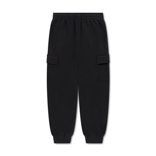 Youth black fleece cargo pants flat lay with elastic waist and side cargo pockets